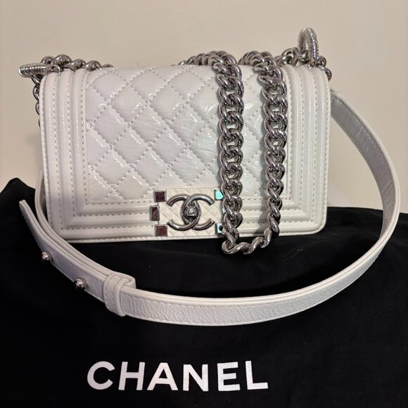 CHANEL Lambskin Quilted White Mini Boy Flap Silver Hardware with Dust Bag - Picture 1 of 16